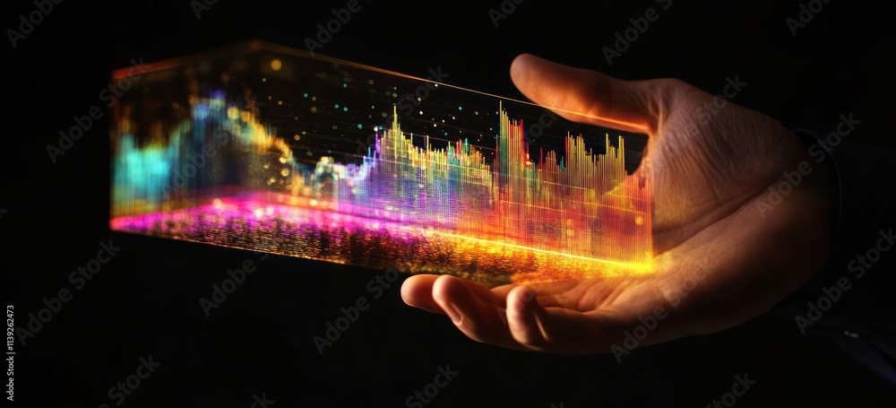 Aufkleber hand holding glowing data chart cube.