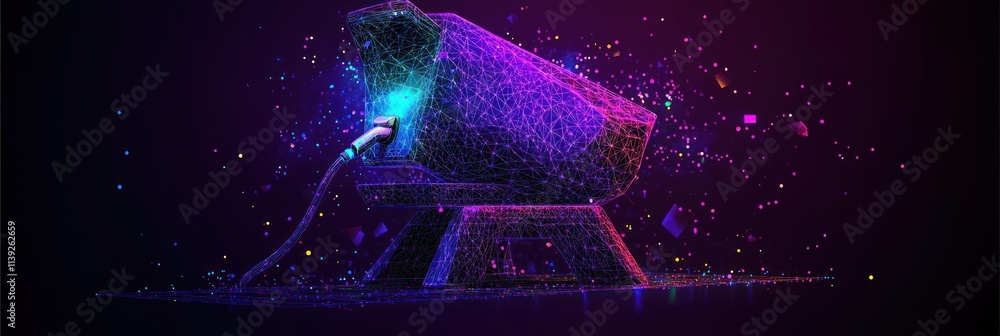 Leinwandbilder Glowing 3D model object with colorful particles exploding in space.