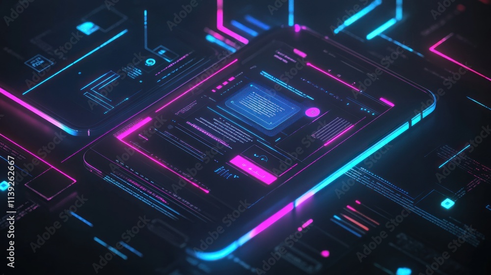 Poster Smartphone with code on screen with glowing lines.