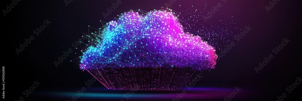 Poster Glowing cloud made of points and lines on a dark background.