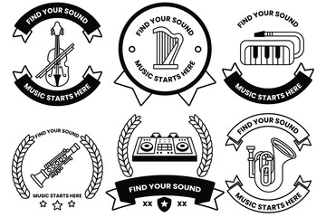 Set of illustrations in the concept of a musical instrument store in line illustration style