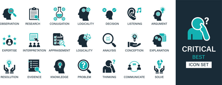 Critical icon set collection. Observation, research, conjugation, logicality, decision, listening, argument, expertise, interpretation and  best solid icon set. 