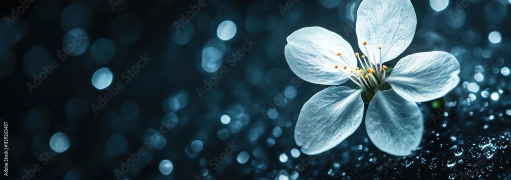 Poster white flower with yellow center on dark surface with bokeh.