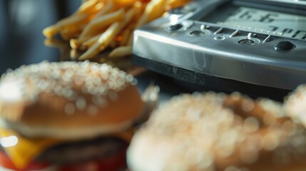 Close-up of scale displaying high weight number surrounded by unhealthy food items, symbolizing rising obesity rates and health awareness.