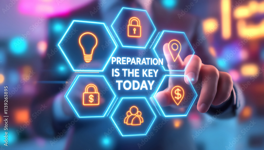 Poster a businessman interacting with glowing hexagonal icons and the bold text 