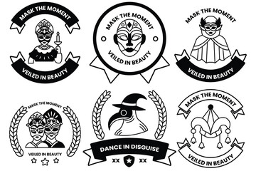 Set of illustrations in the concept of masks and parties in line illustration style