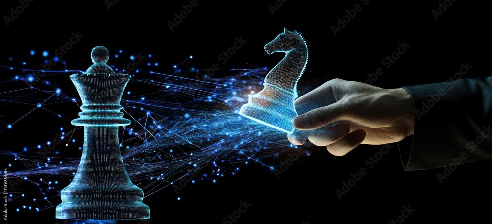 Poster digital chess pieces with a hand moving knight on dark background.