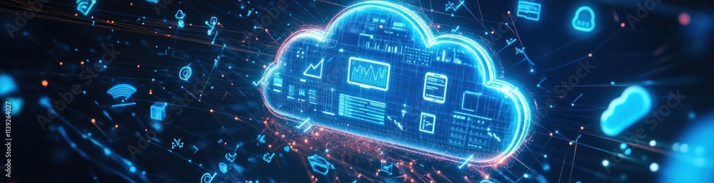 Poster Digital cloud with glowing data icons and a network connection.