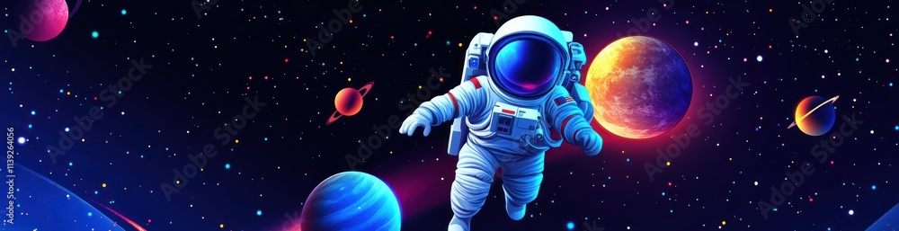 Aufkleber astronaut floating in space, surrounded by planets and stars.