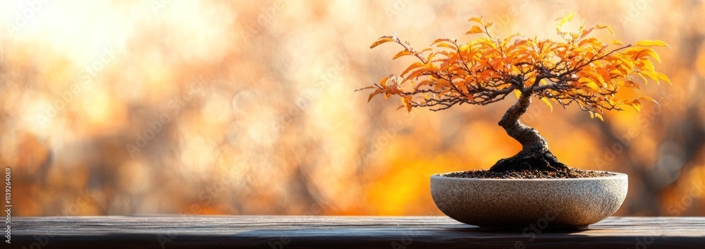 Poster bonsai tree with autumn leaves, soft bokeh background.