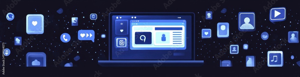 Aufkleber laptop with social media icons floating around in dark space.