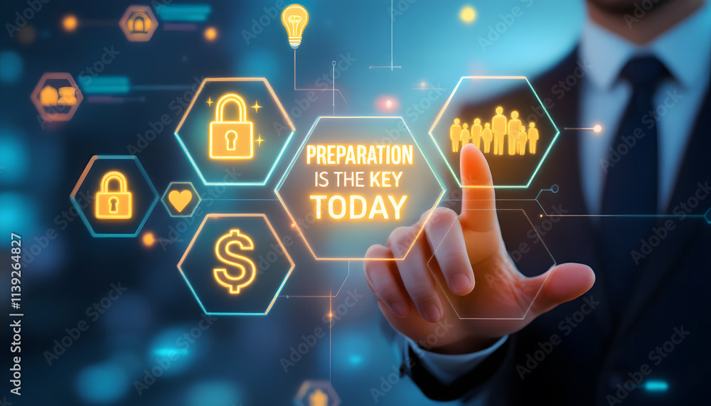 Aufkleber a businessman interacting with glowing hexagonal icons and the bold text 