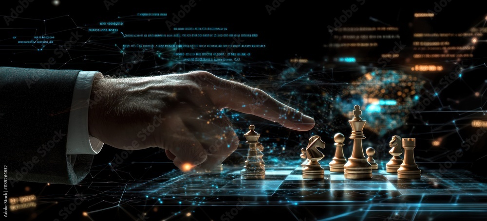 Poster hand moves chess piece on digital board with data network.