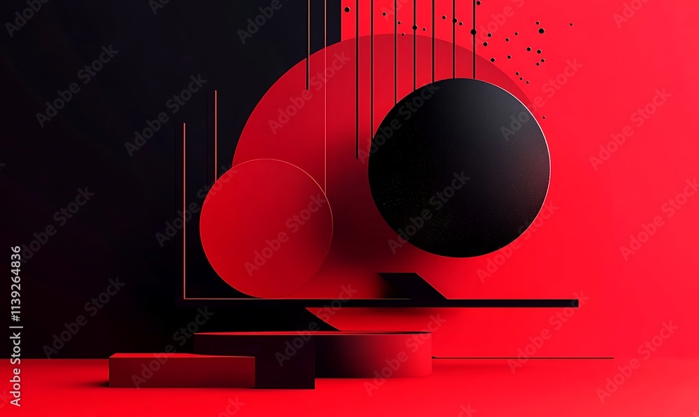 Poster red black dark background with simple minimal podium with circle shape background product, generativ