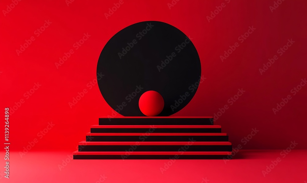 Poster red black dark background with simple minimal podium with circle shape background product, generativ