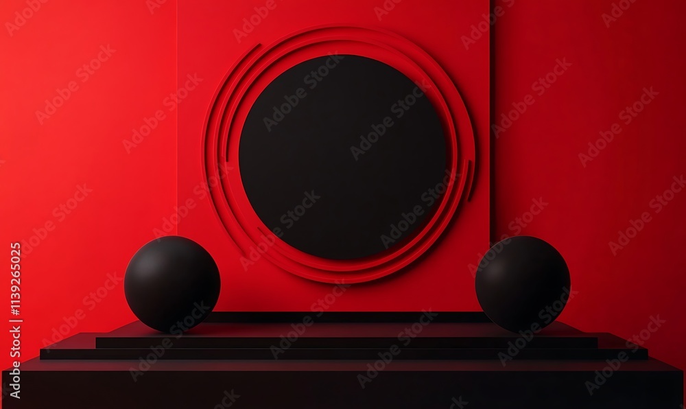 Poster red black dark background with simple minimal podium with circle shape background product, generativ