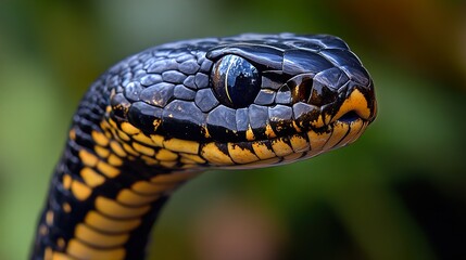Obraz premium Black and Yellow Snake Close Up: Venomous Reptile in Nature