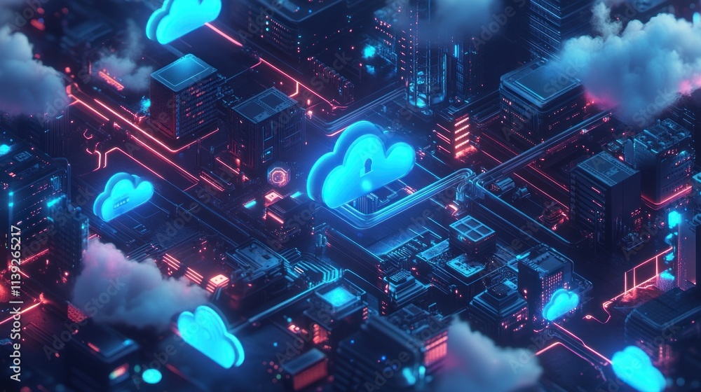 Poster neon city with cloud computing nodes, connecting through the night.