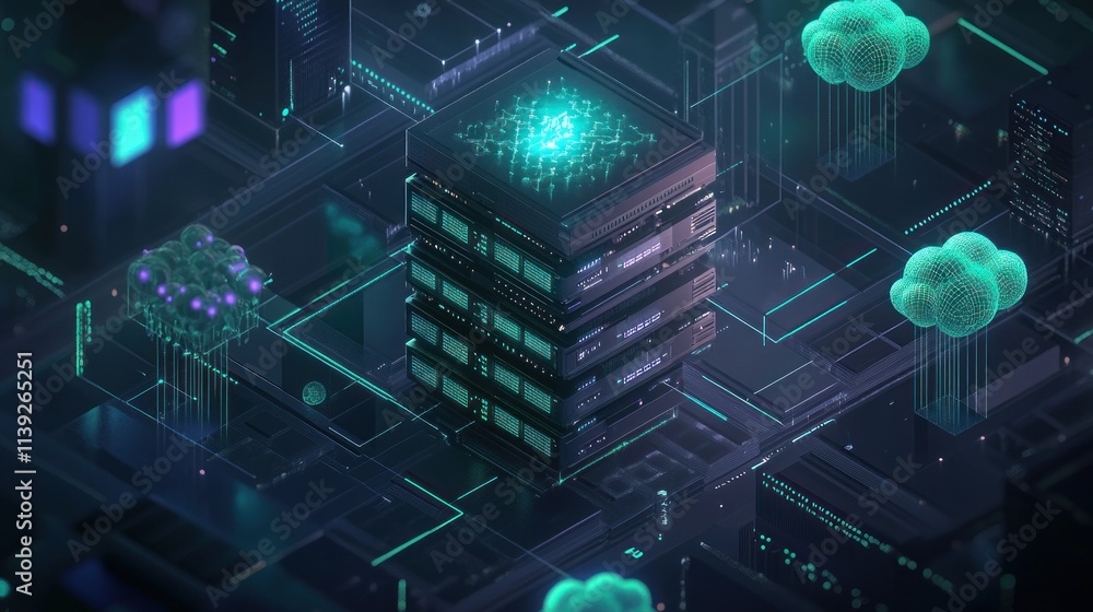 Aufkleber futuristic digital data center with glowing clouds.
