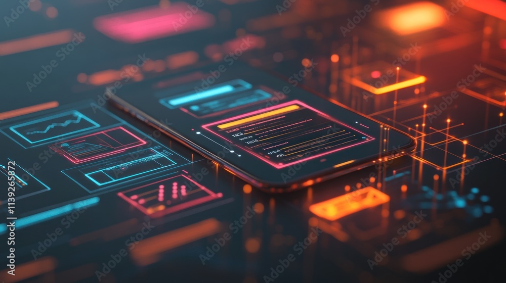 Poster Smartphone with data visuals on abstract glowing interface.