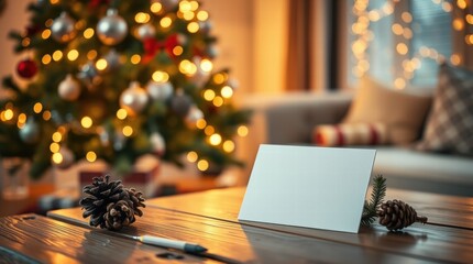 White card sits on a table next to a pine cone