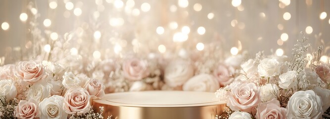 A modern podium with golden accents, set against a backdrop of white and pink roses, with delicate fairy lights casting a warm glow
