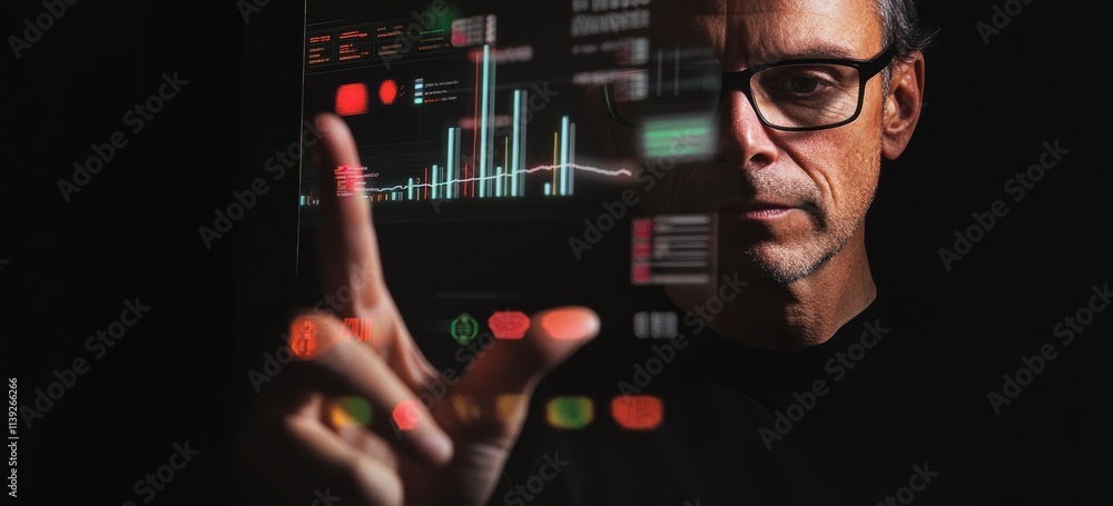 Poster Man using futuristic screen with data analysis display.