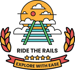 The illustration is of a train with a sun in the background