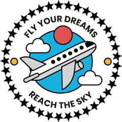 A round sticker with an airplane on it