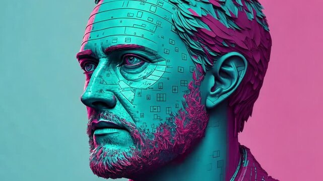 Glitched Portrait A face rendered in sharp blocky pixels where the features are vibrantly colored in teal and magenta. The image appears to be melting with digital glitches causing