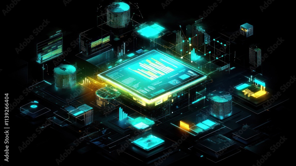 Aufkleber glowing data center with digital processing chip on black background.