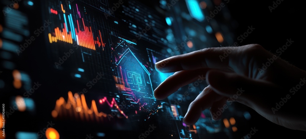 Poster Hand interacts with a digital interface displaying data visualizations.