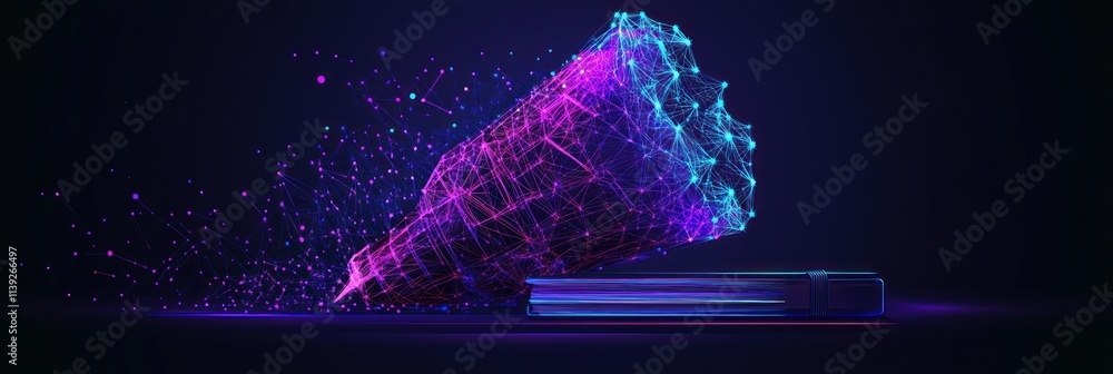 Poster futuristic polygonal object with vibrant light trails.