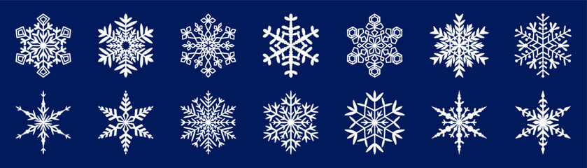 White snowflake icons isolated on white background. Winter and Christmas holiday symbol collection. Decorative delicate vector element for winter and Christmas design