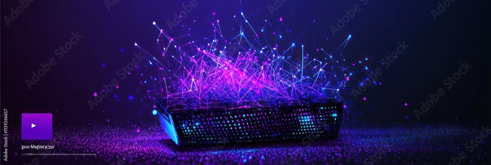 Poster Glowing keyboard with abstract network, dark background.