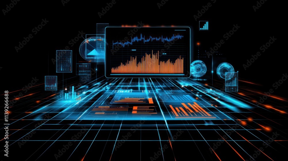 Poster Data visualizations on screens, glowing digital interface.