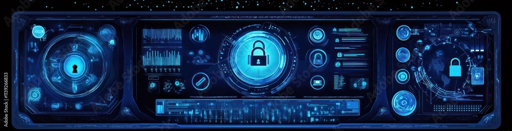 Poster glowing blue sci-fi panel with lock symbols and data graphs.