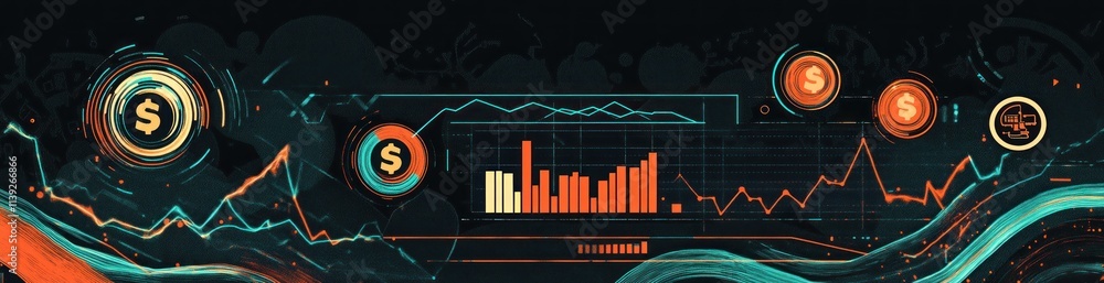 Poster financial charts with dollar icons on a dark techy background.