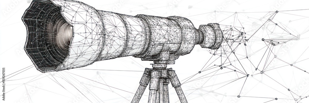 Poster Abstract telescope sketch, white lines with tripod on dotted background.
