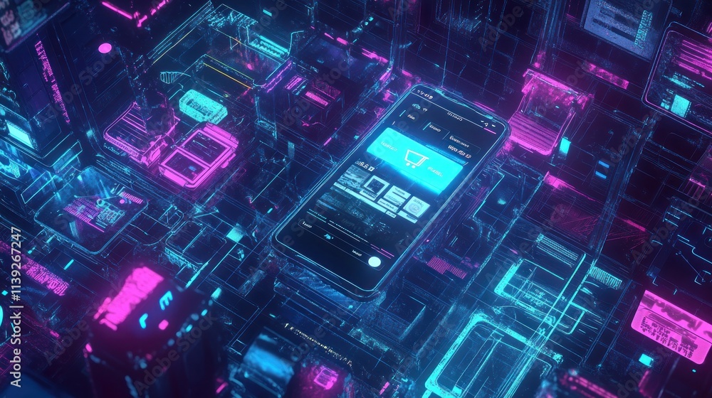 Poster Smartphone app shopping display on digital circuit background.