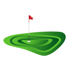 Vector illustration of a golf green, vibrant green color with subtle shading for depth, red flag with a white pole and a white golf ball with small dimple pattern in the hole