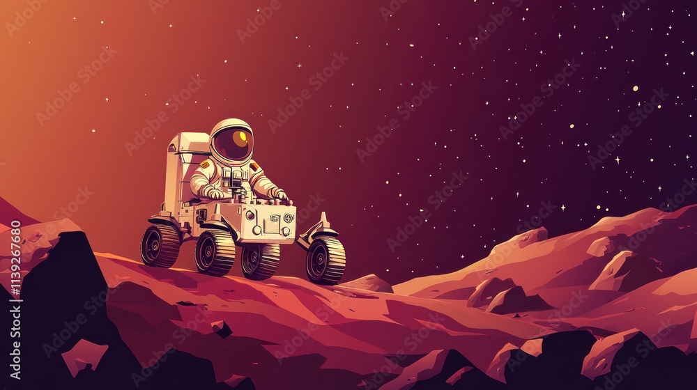 Poster astronaut in rover explores red planet surface, stars above.