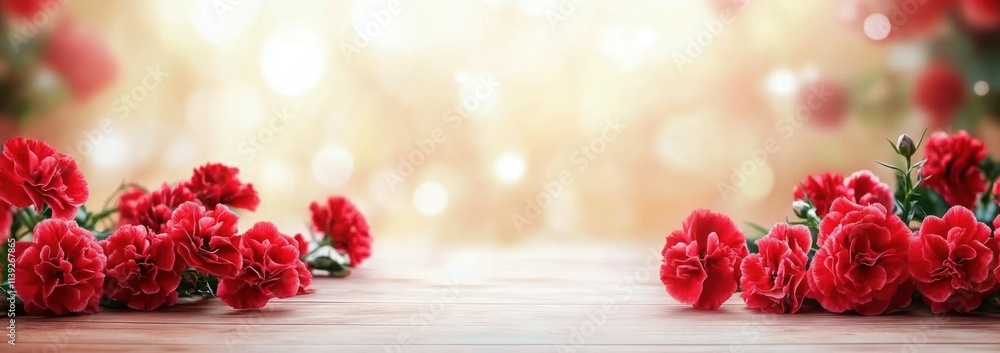 Poster red carnations on wooden table with soft, bokeh background.