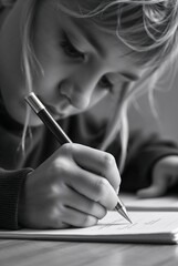 Little Blonde Girl Writing with a Pencil in a Notebook doing Homework