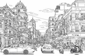 Busy Urban Street Scene with People and Vehicles in Black and White