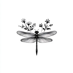 Monochrome dragonfly with floral design.