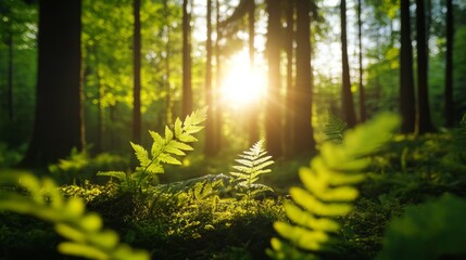 Fototapeta premium Sun shining through the trees in a lush green forest with ferns in the foreground