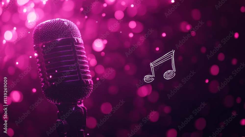Poster vintage mic with bokeh lights and note.