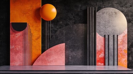 Abstract Geometric Composition:  Orange, Pink and Grey Hues on Dark Background