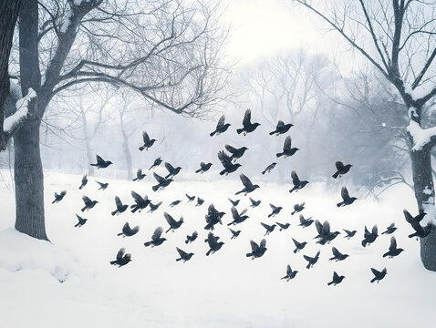 Birds Flying in Snowy Winter Scene
